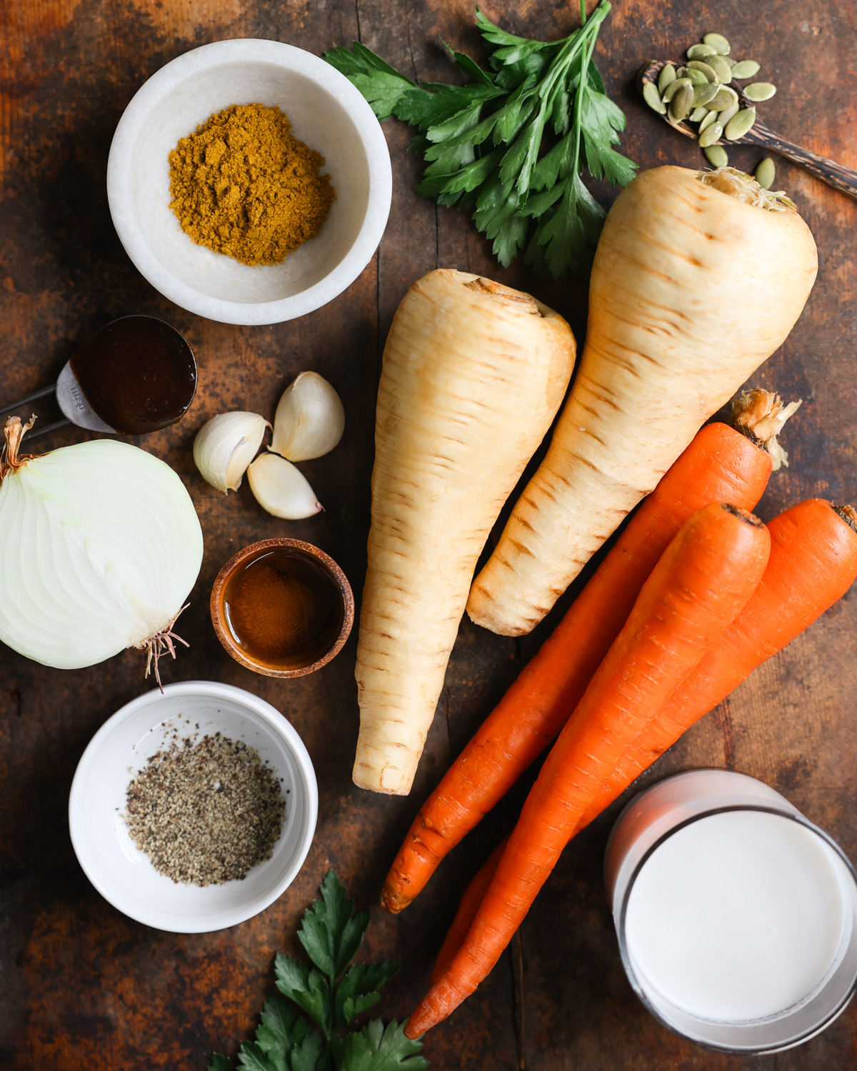 overhead of parsnip soup ingredients