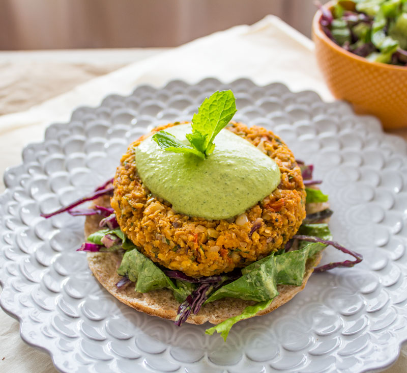 Sweet Potato Burgers with Green Tahini Sauce