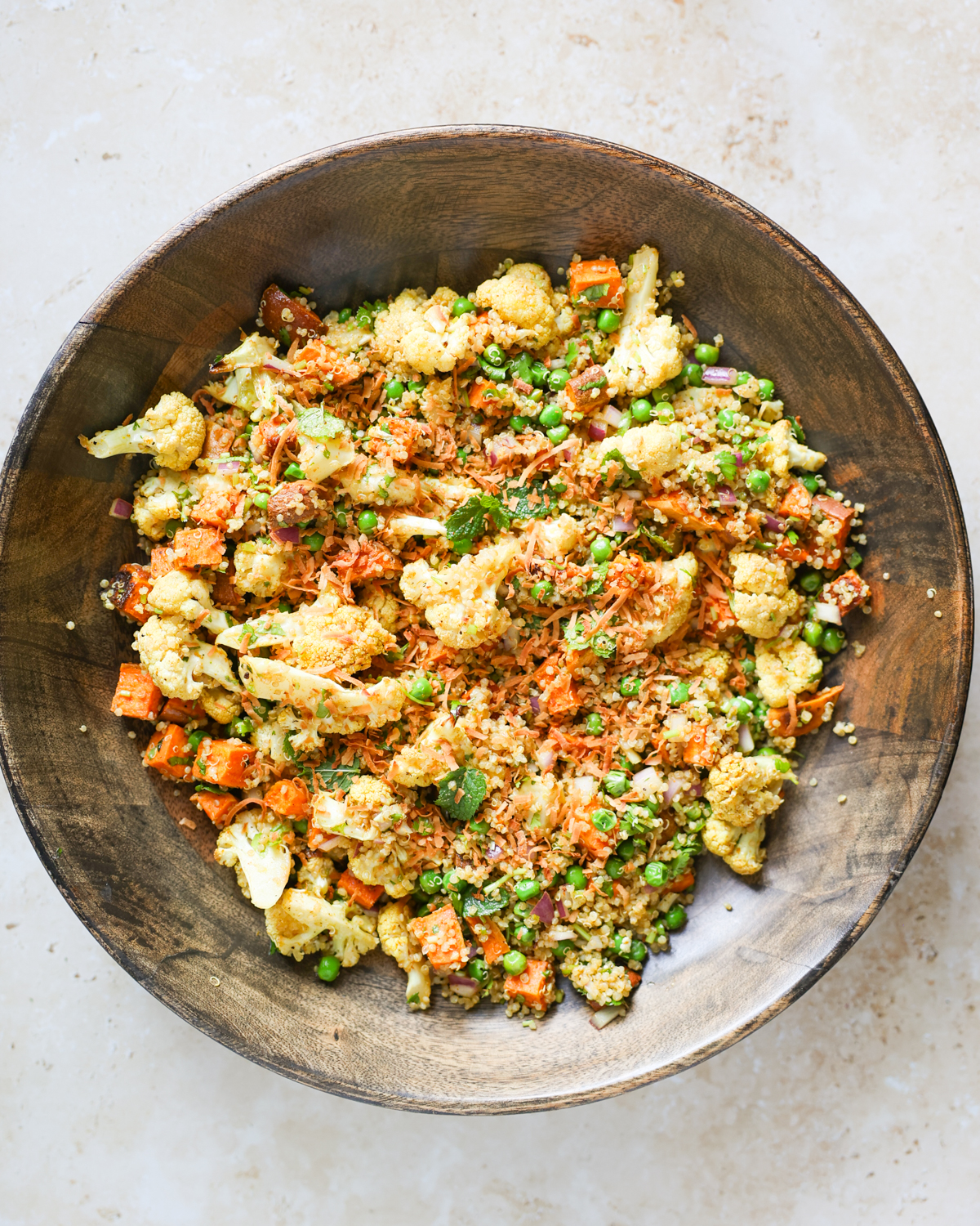 Cauliflower Salad in a large wooden bowl.