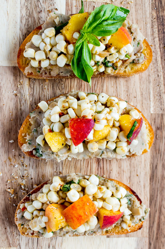 Corn and Peach Crostini Basil White Bean Puree