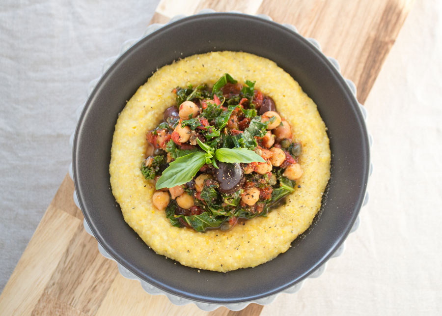 Kale Puttanesca with Creamy Polenta