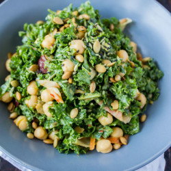 Massaged Kale Salad with Kimchi, Chickpeas, and Sweet Potatoes