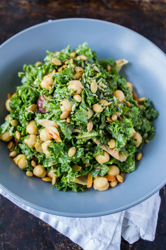 Massaged Kale Salad with Kimchi, Chickpeas, and Sweet Potatoes