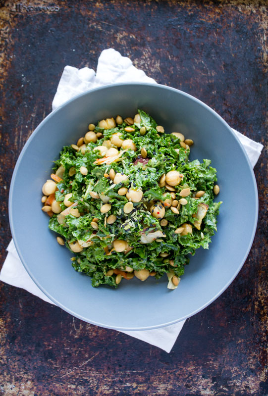 Massaged Kale Salad with Kimchi, Chickpeas, and Sweet Potatoes