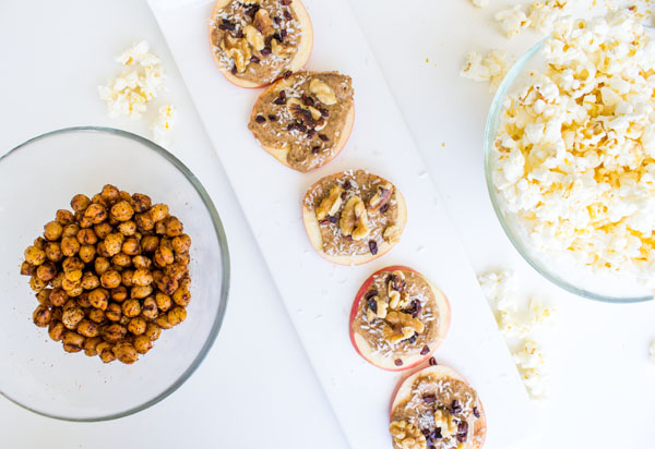 Spicy Roasted Chickpeas, Cheesy Vegan Popcorn, Apple "Cupcakes" with Almond Butter