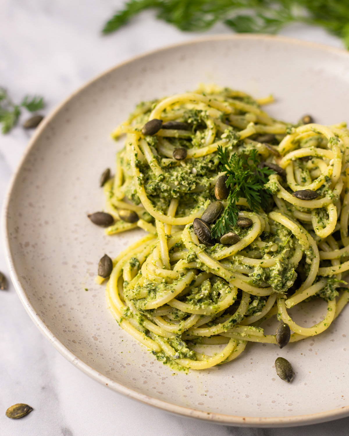 pasta with pesto on a plate