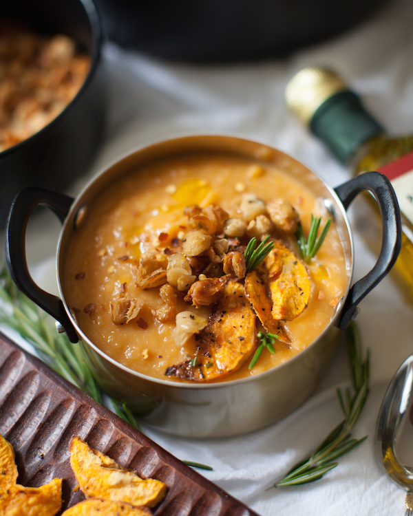 Vegan Sweet Potato Bisque with Crispy White Beans