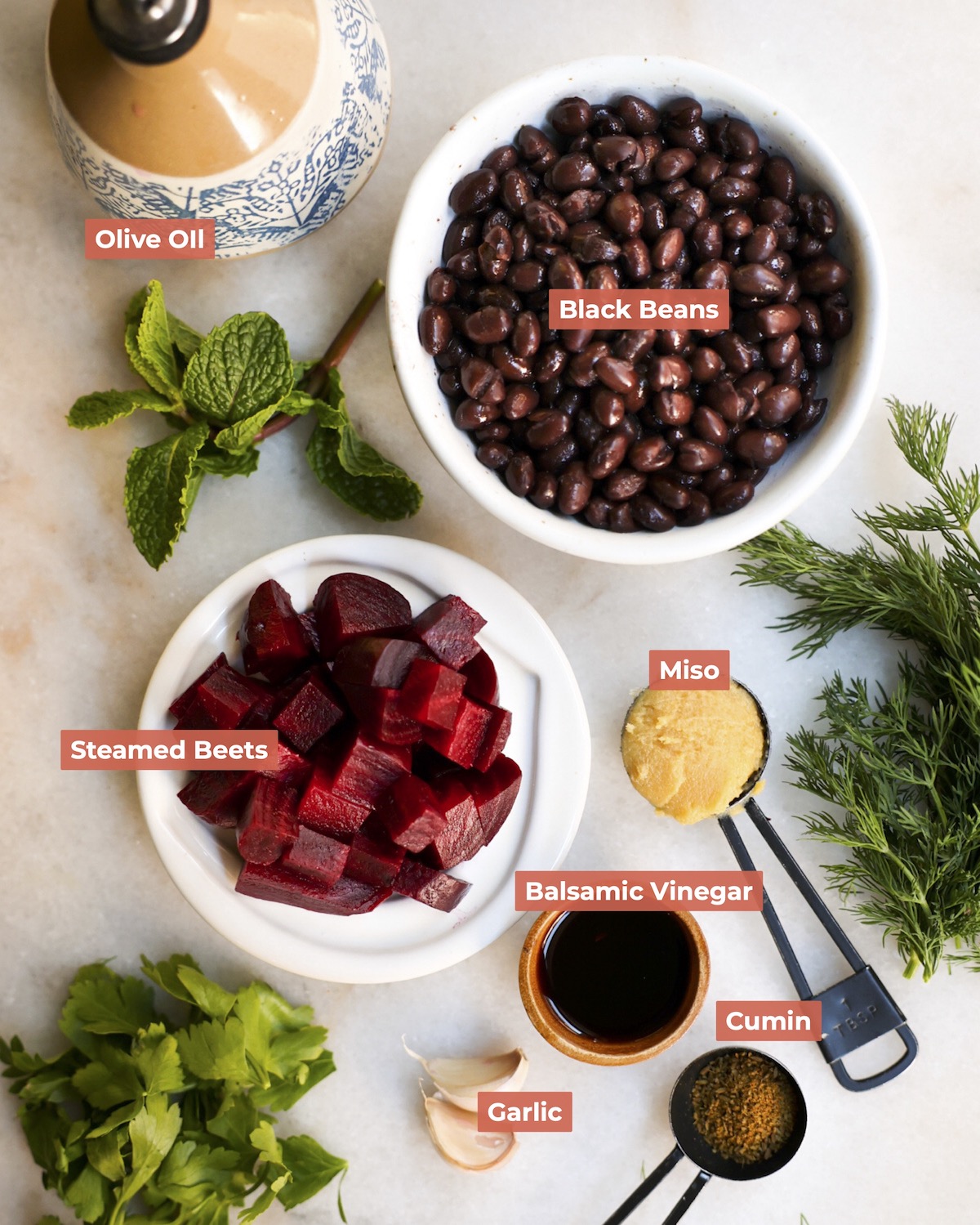 Labeled ingredients for black bean beet dip.