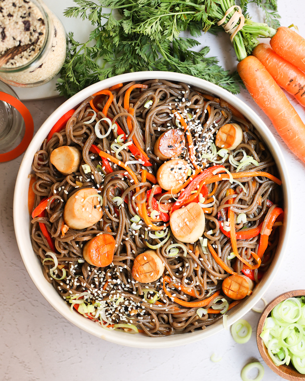 cold soba noodle salad with vegan scallops