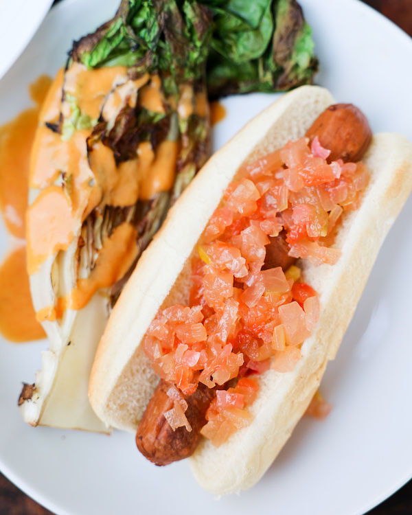 Vegan Hotdog with Watermelon Rind Relish