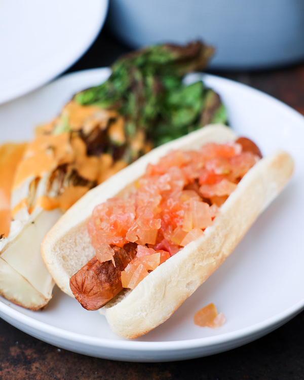 Vegan Hotdog with Watermelon Rind Relish