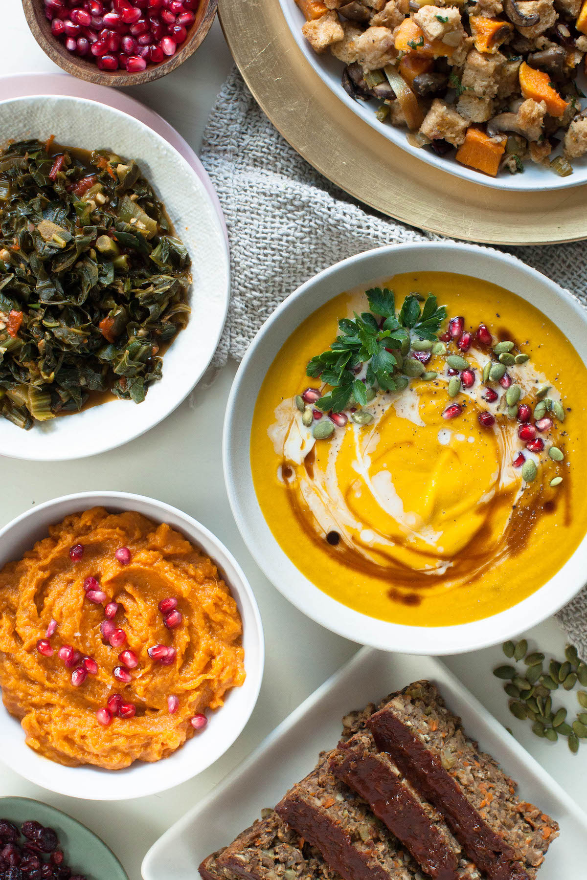 overhead of vegan thanksgiving recipes on table