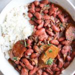 red beans and rice in a white bowl.