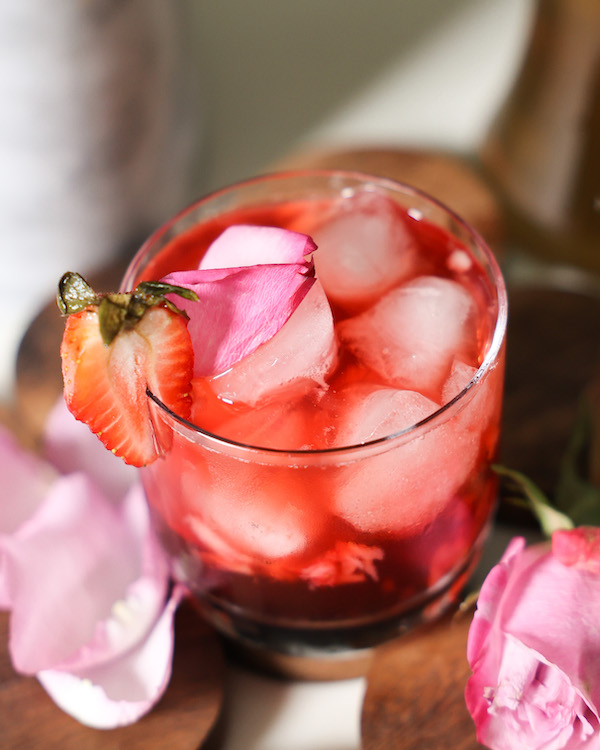 Hibiscus Strawberry Tea sweetened with Rose simple syrup