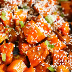 Closeup on chili lime glazed sweet potatoes.