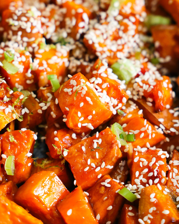 Closeup on chili lime glazed sweet potatoes.