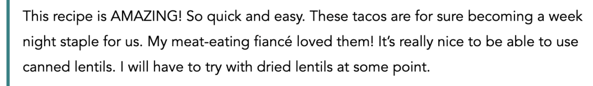 Rating and review for lentil tacos.