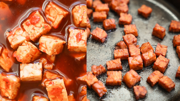 side by side of marinated and cooked tempeh