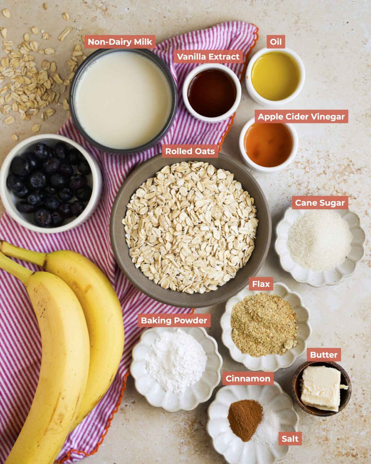 Ingredients for this oat flour pancake recipe.