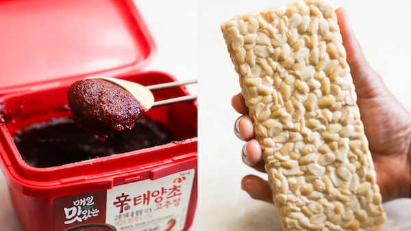 side by side of tempeh and gochujang