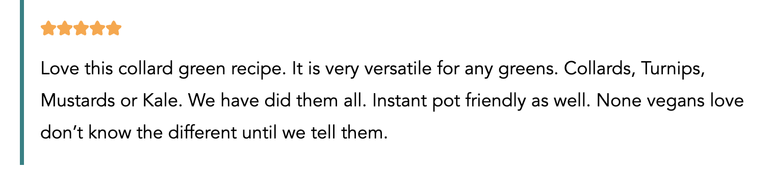 Screenshot of a recipe review for the vegan collard greens recipe.