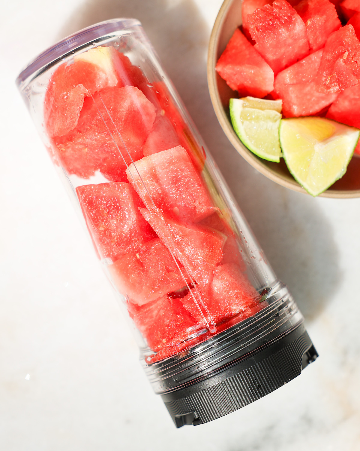 Watermelon cubes in a blender