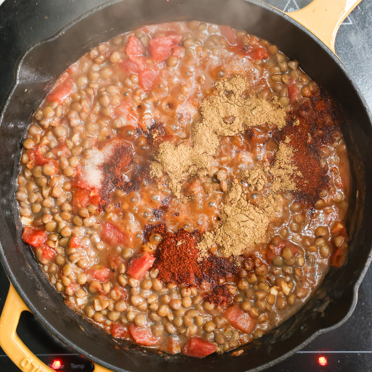 Lentil taco filling in skillet.