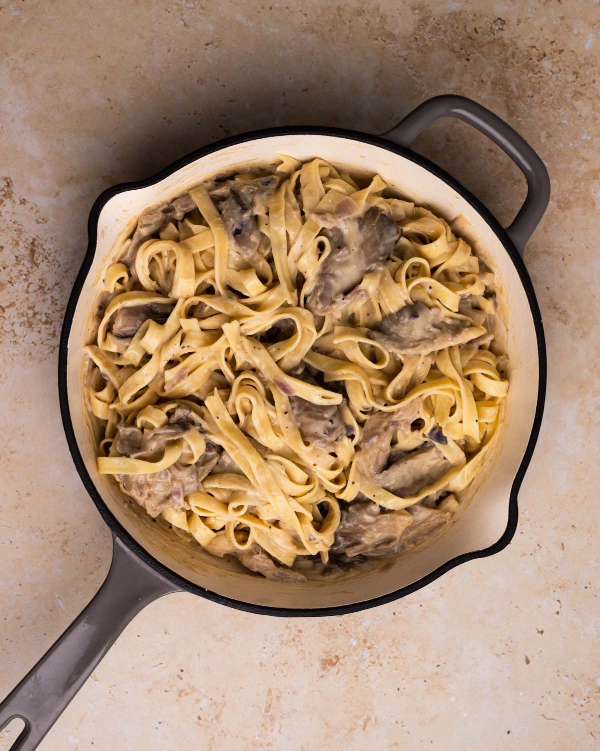 vegan mushroom alfredo in pan