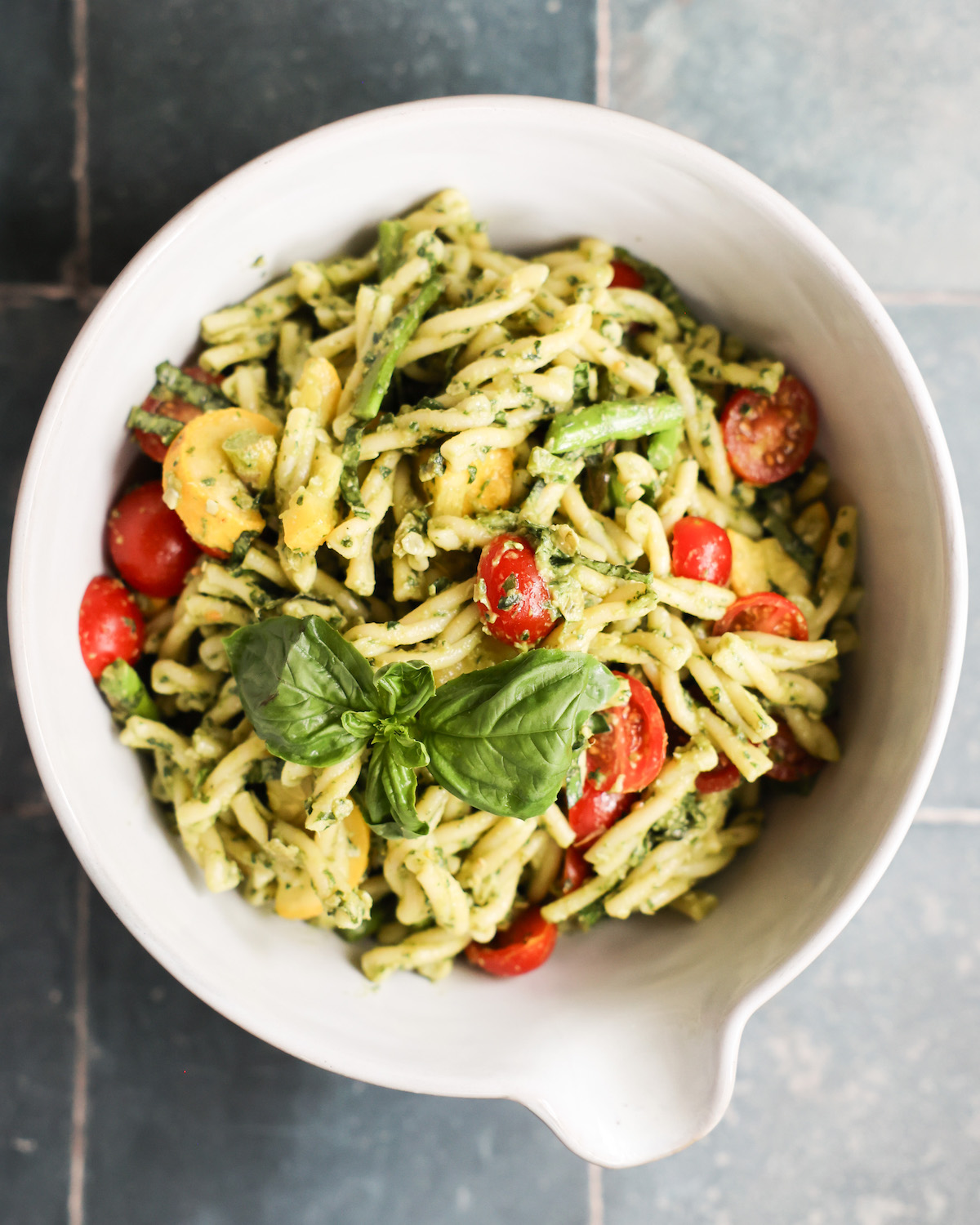 vegan pasta salad in white bowl