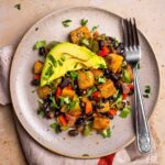 overhead of sweet potato breakfast hash on plate
