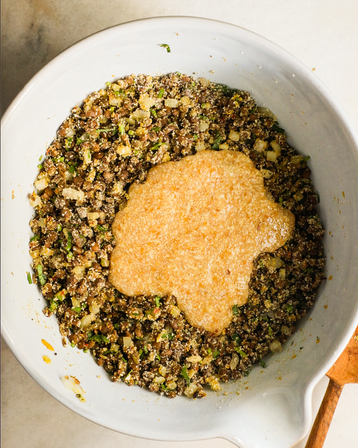 overhead of flax egg added to mixture