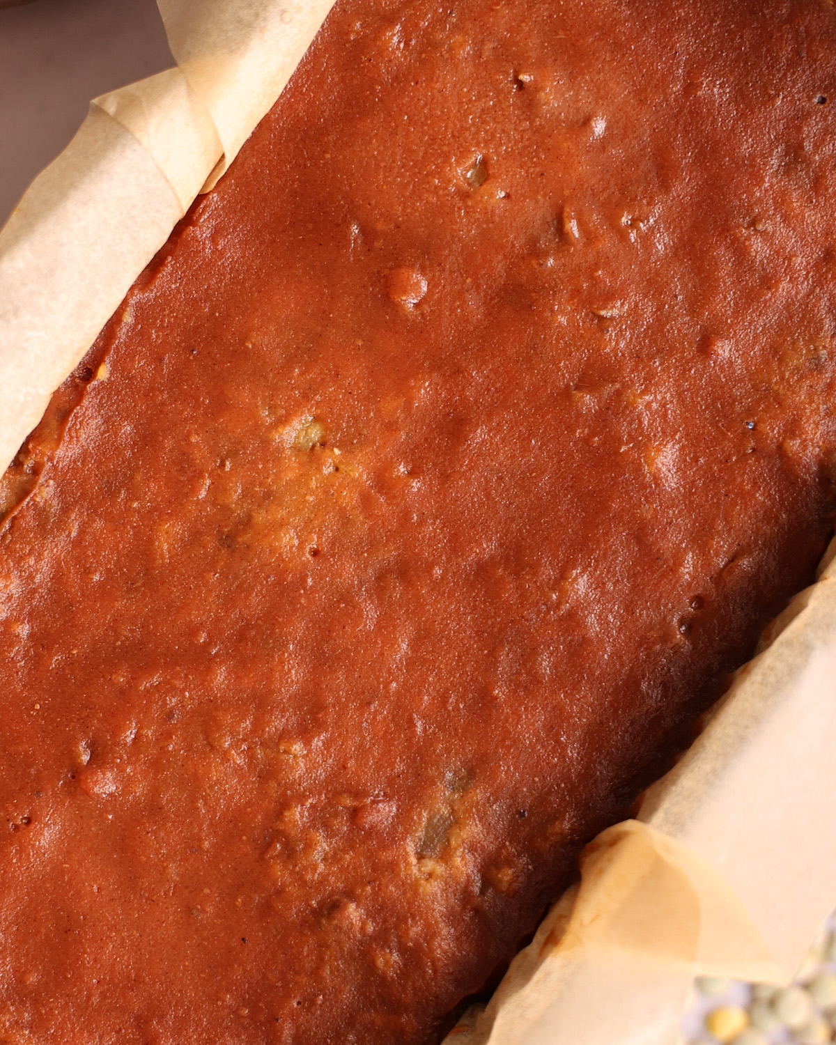 closeup of glazed lentil loaf
