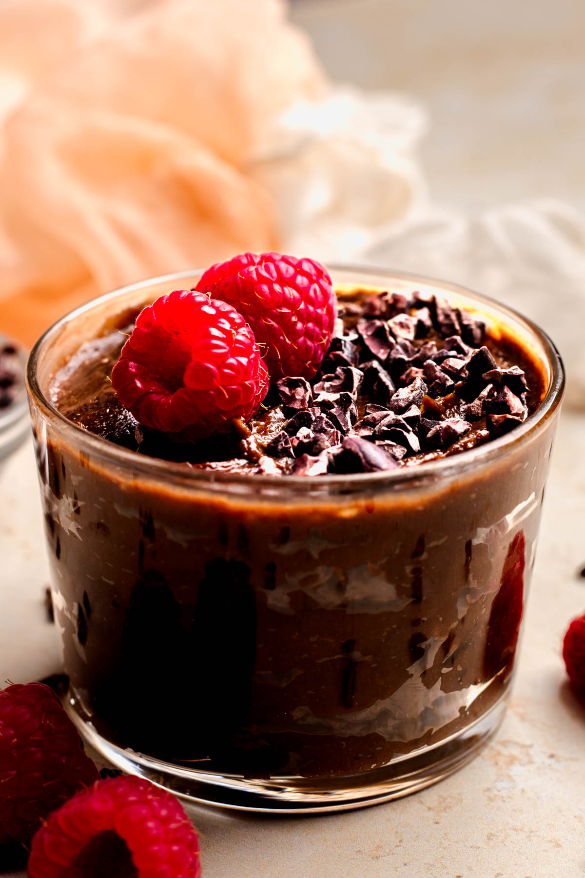 An up-close side shot of a small dish of the vegan chocolate pudding topped with carob chips and raspberries.