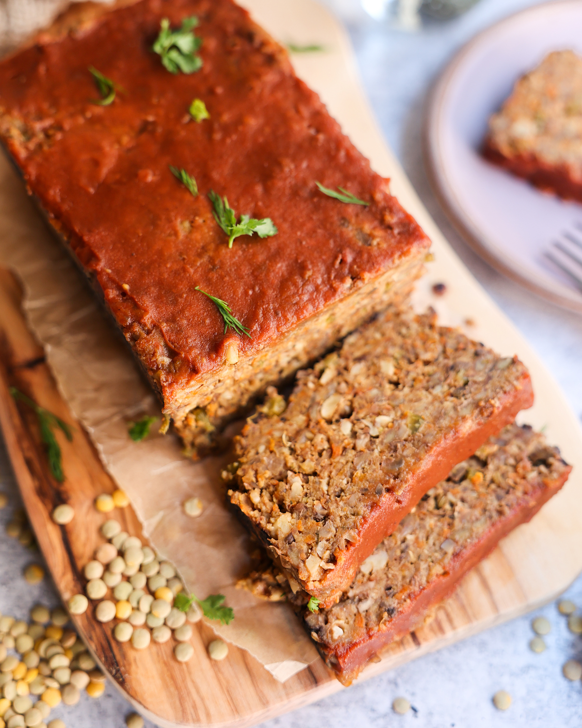 vegan lentil meatloaf on serving tray