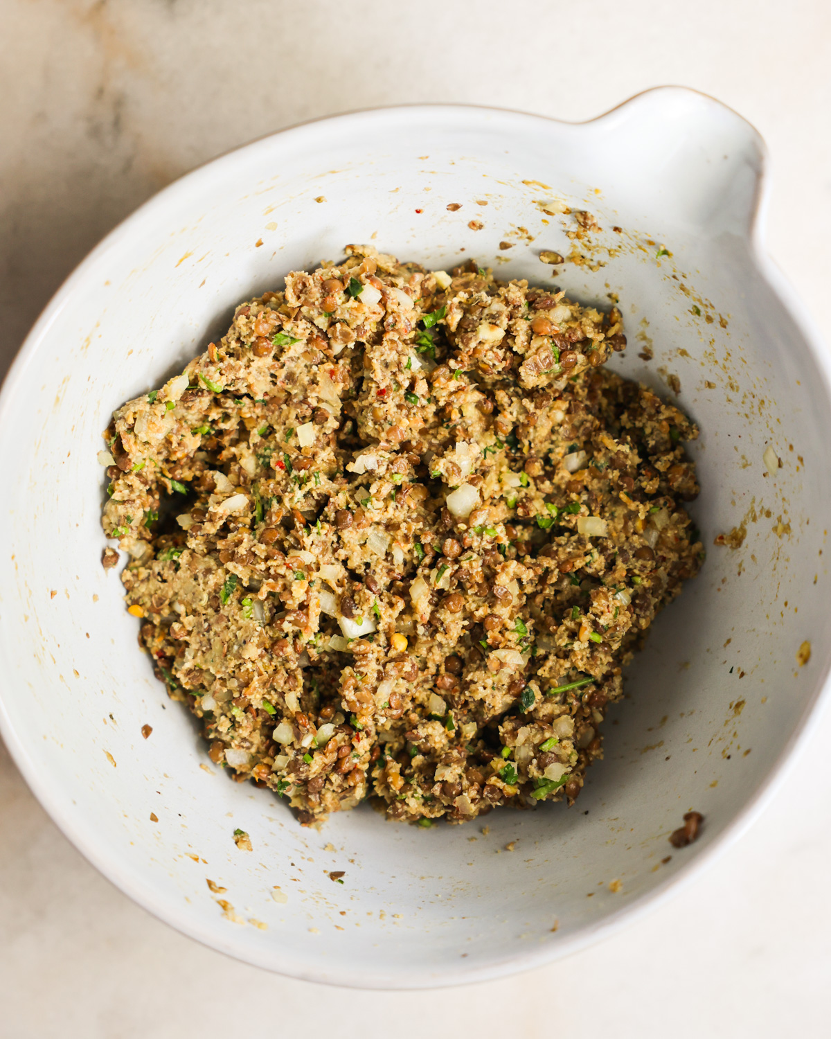 overhead of lentil batter in a bowl