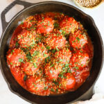 overhead of vegan meatballs in a skillet