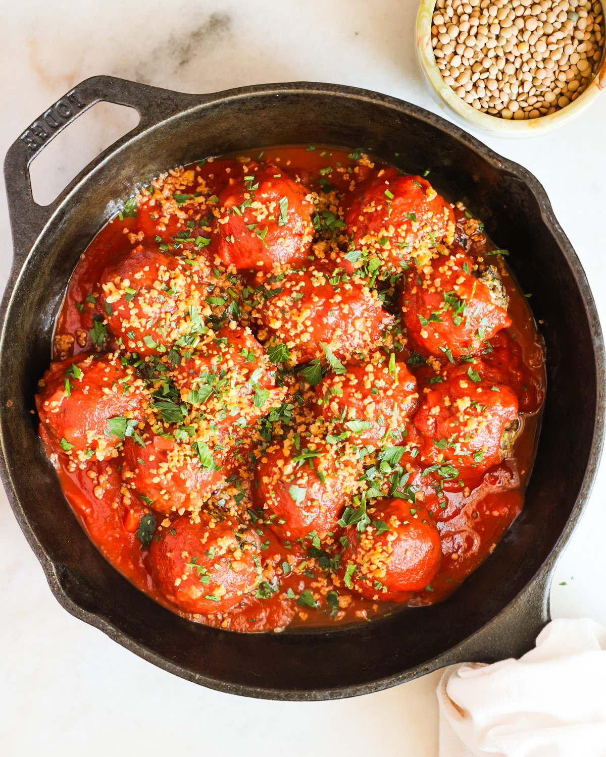 overhead of vegan meatballs in a skillet