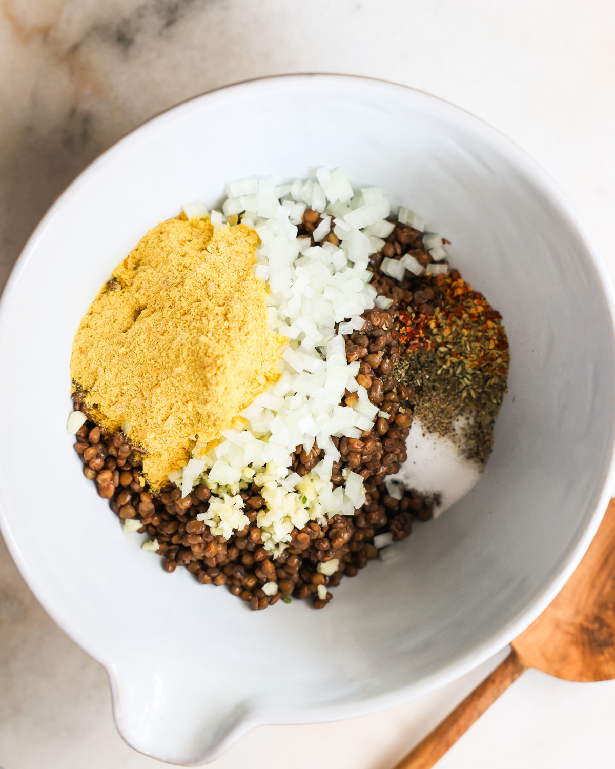 overhead of vegan meatball ingredients in bowl