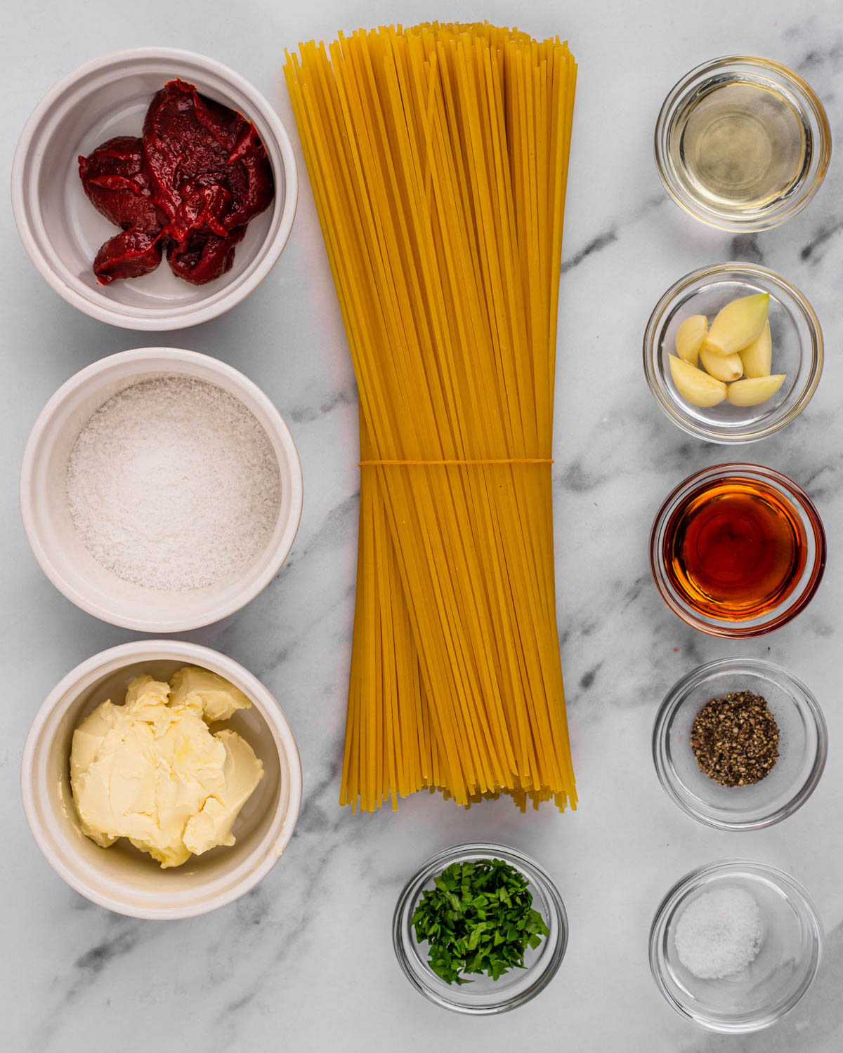 overhead of ingredients for Gochujang Buttered Noodles