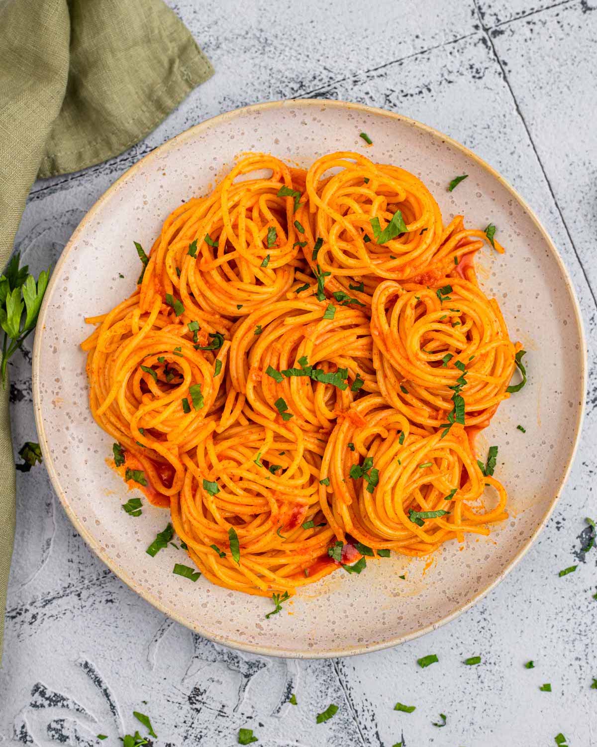 overhead of Gochujang Buttered Noodles on a plate