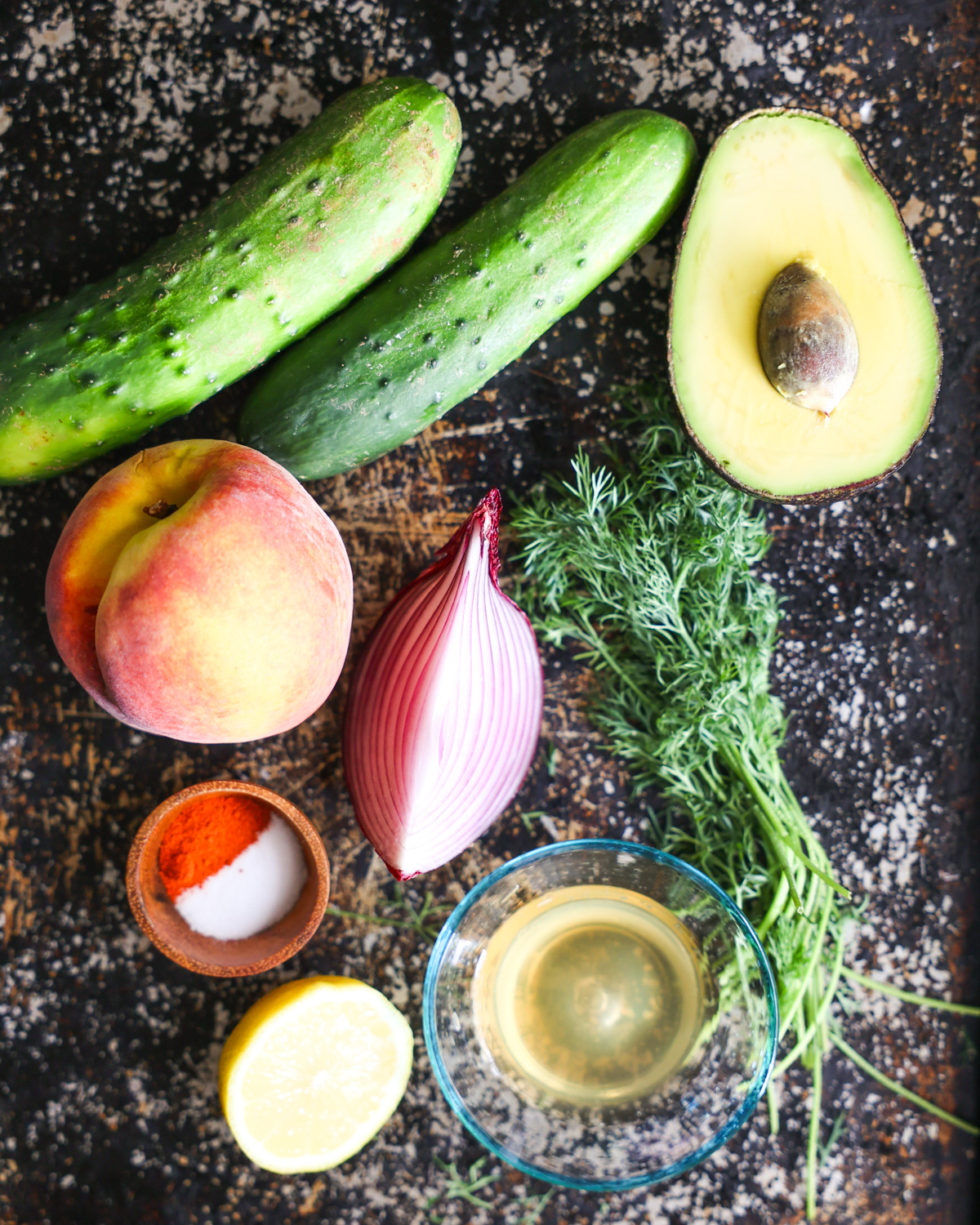 overhead of cucumber avocado salad ingredients