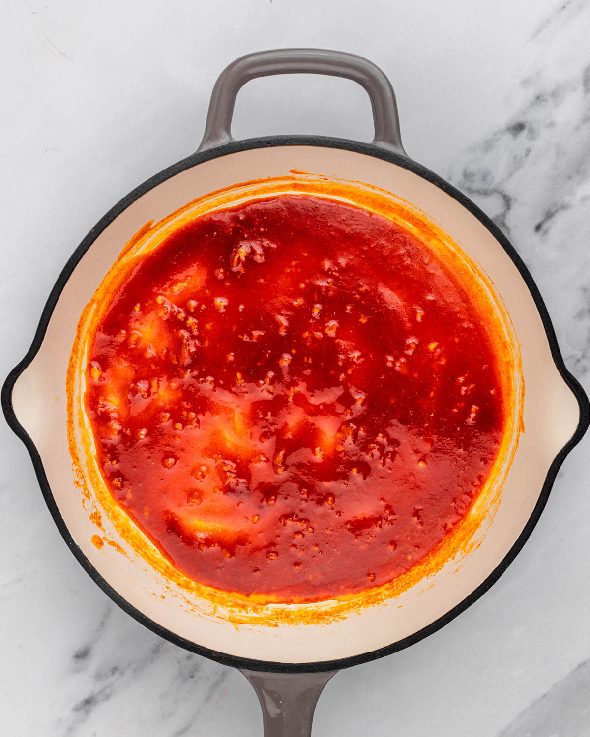 overhead of gochujang butter sauce in pan