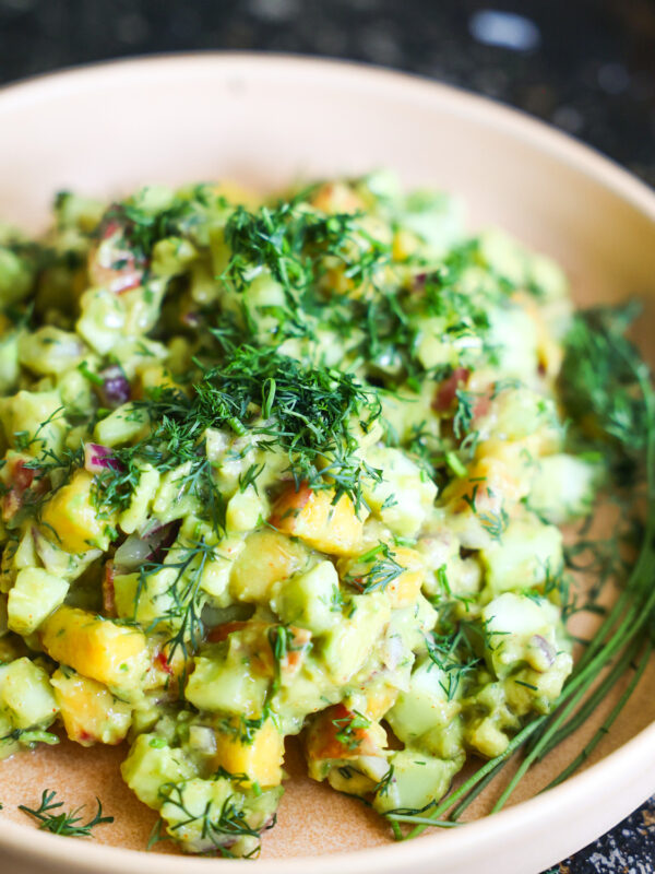 close up of cucumber avocado salad