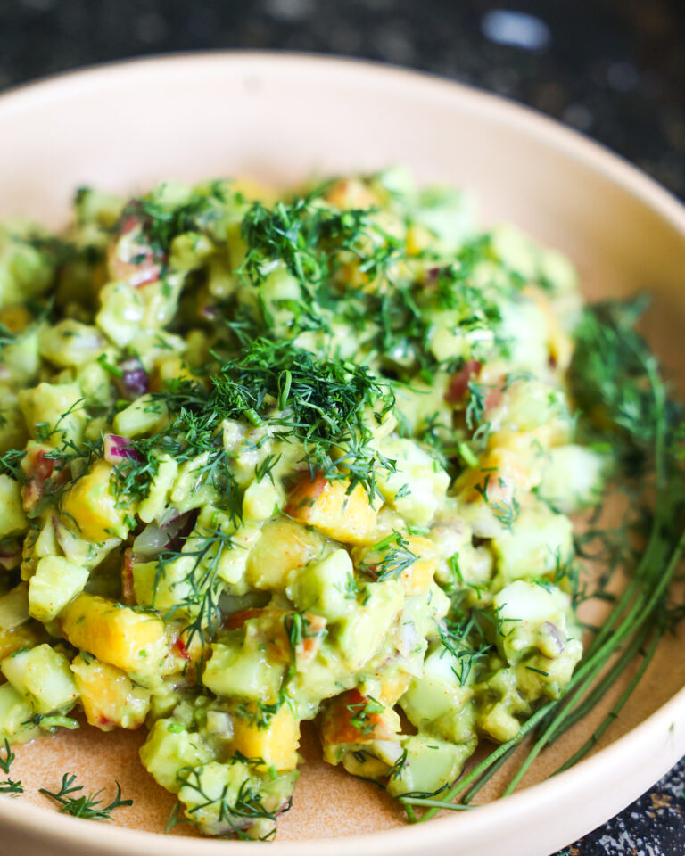 close up of cucumber avocado salad