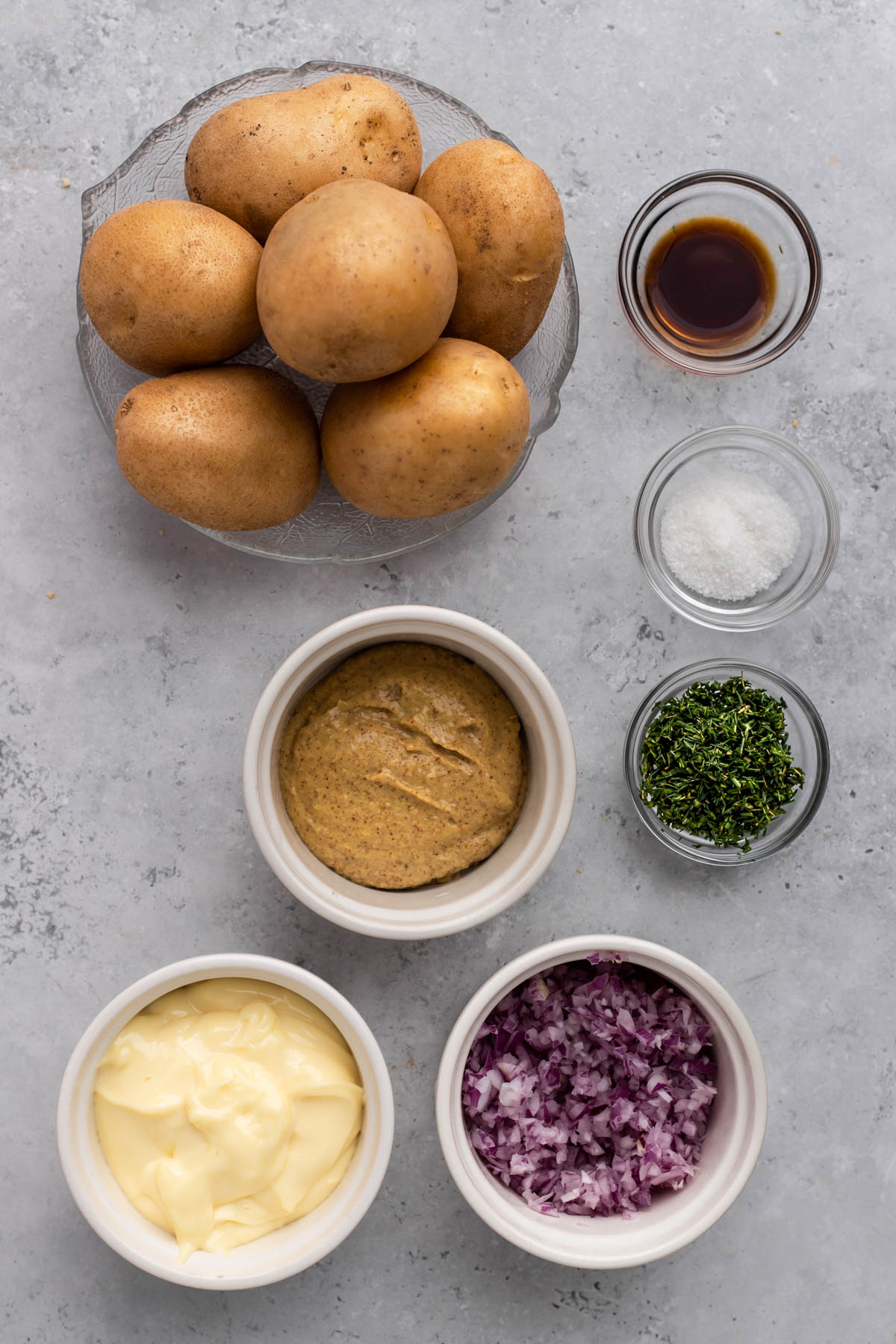 overhead of ingredients for vegan potato salad