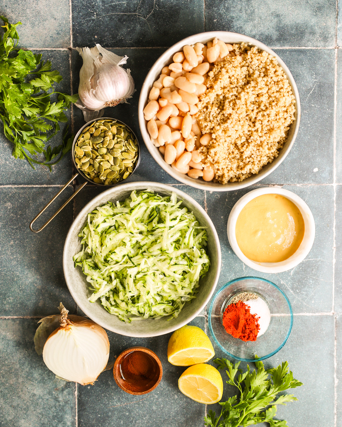 overhead of zucchini burger ingredients