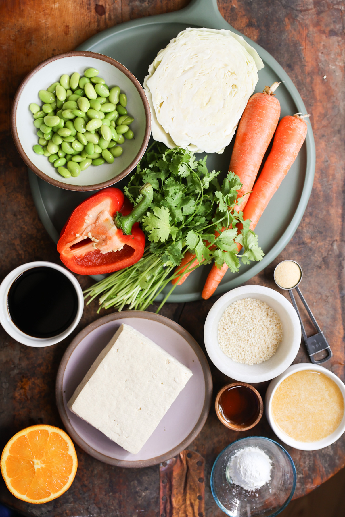 All of the ingredients for crunchy sesame tofu salad.