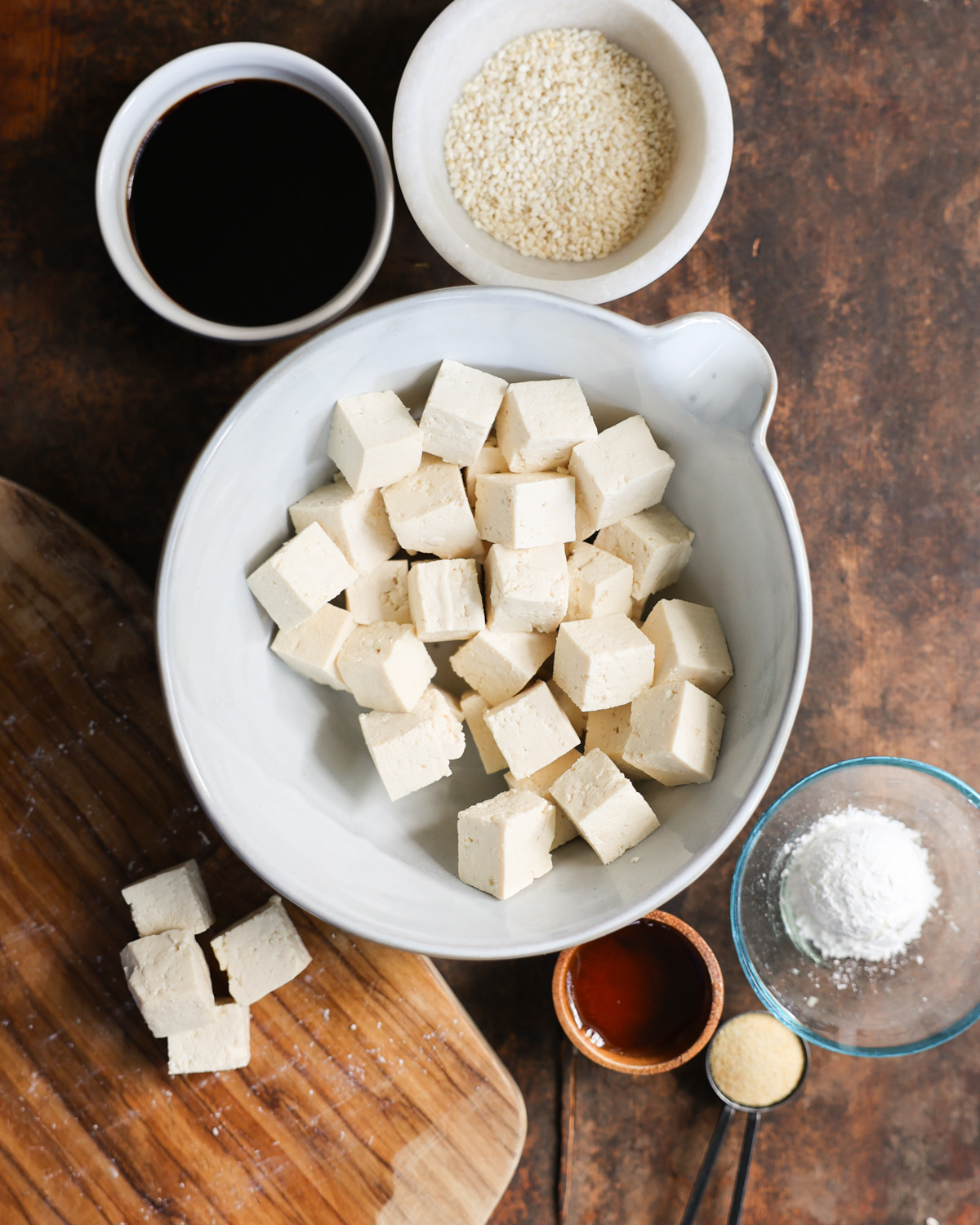 An overhead shot of a bowl of the ingredients for the roasted tofu.