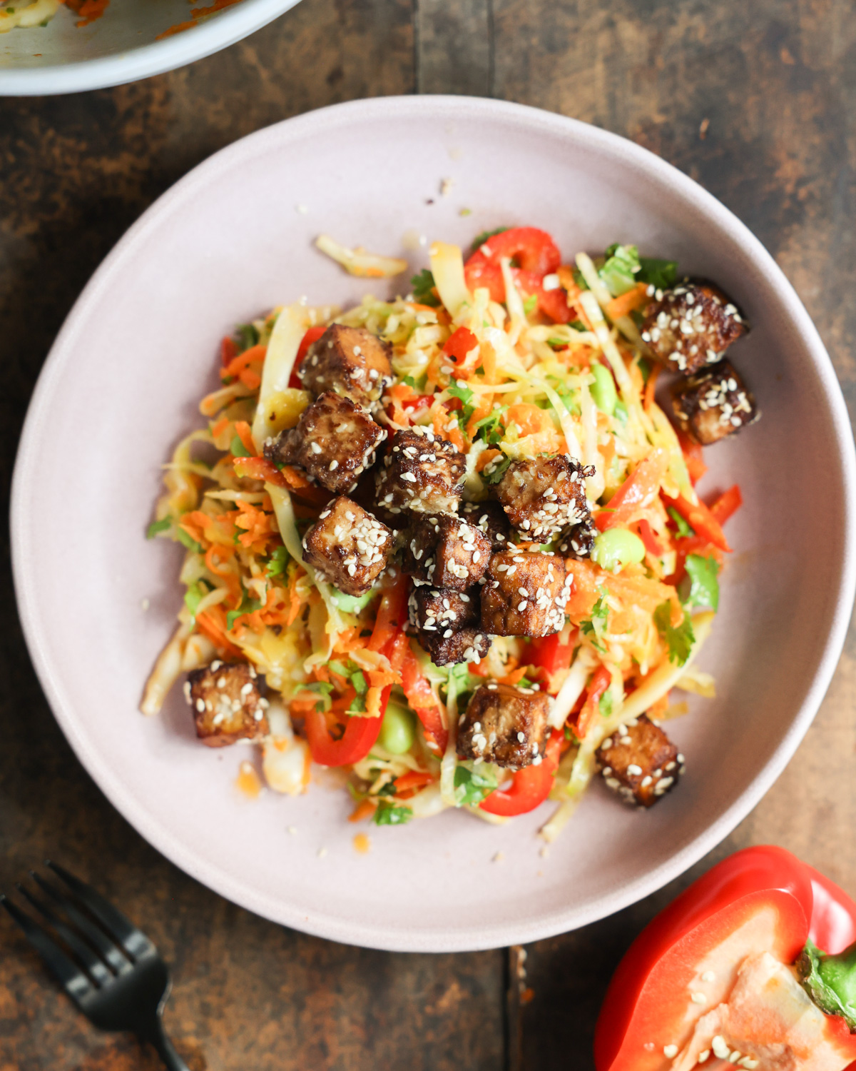 An overhead shot of a bowl of Crunchy Sesame Tofu Salad.