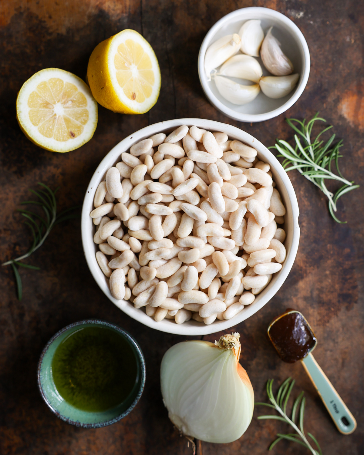 An overhead shot of the ingredients to make Instant Pot White Beans.